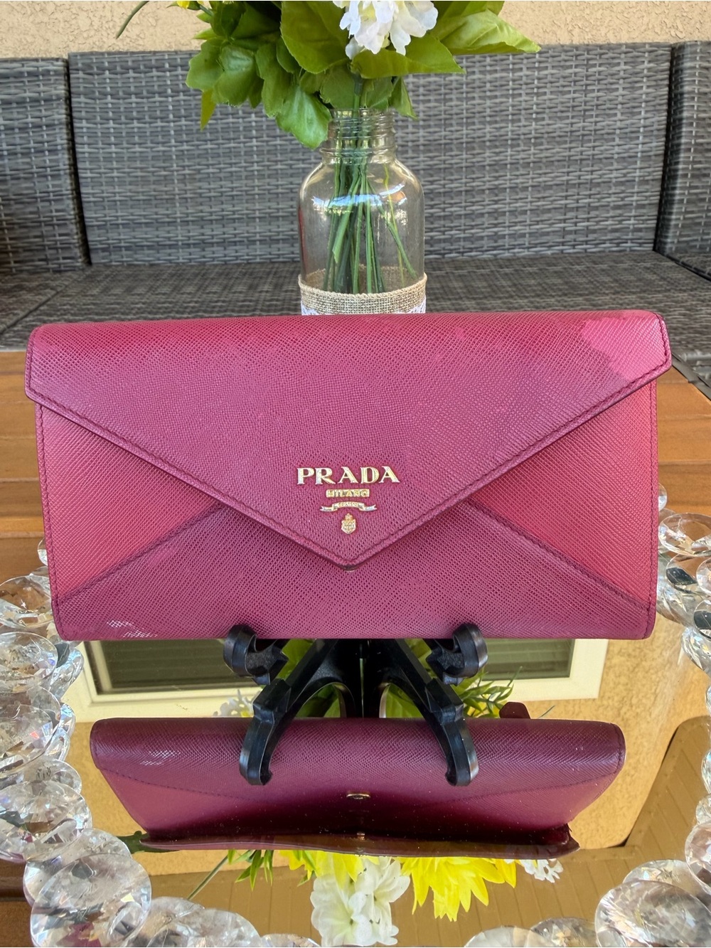 Prada  Saffiano Envelope Wallet Clutch with Gold Logo